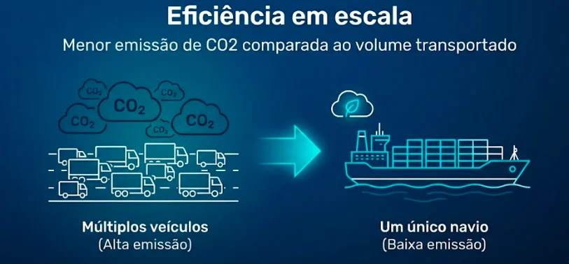 Comparação de eficiência em escala entre múltiplos veículos com alta emissão de CO2 e um único navio com baixa emissão de CO2 para transporte