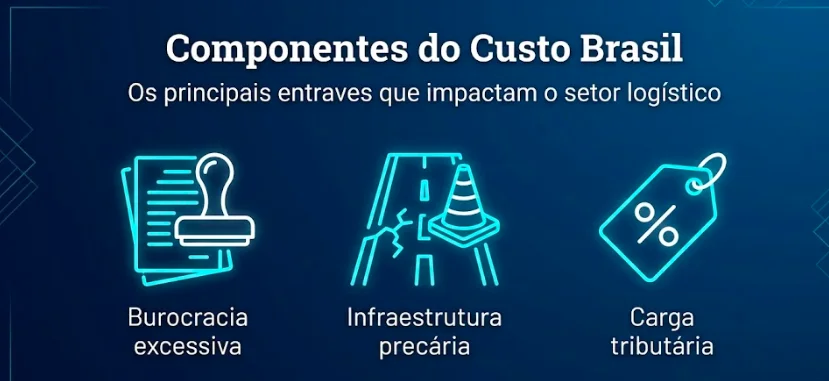 Componentes do custo Brasil que impactam o setor logístico: burocracia excessiva, infraestrutura precária e carga tributária
