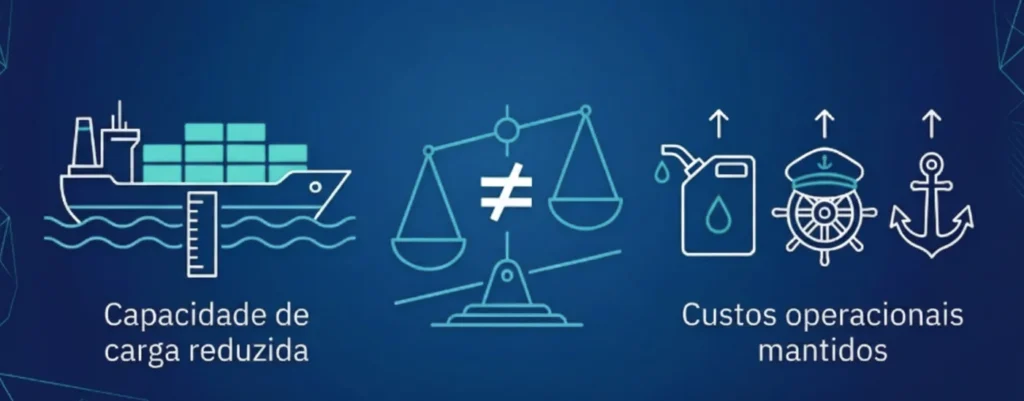Ilustração mostrando capacidade de carga reduzida de navio e custos operacionais mantidos com ícones de navio, balança e símbolos marítimos