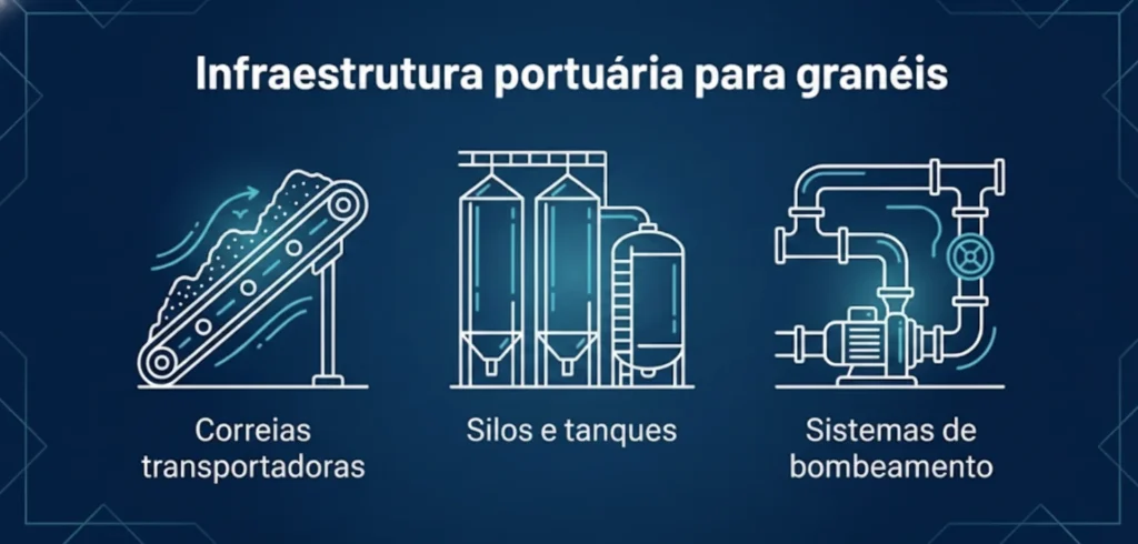 Infraestrutura portuária para granéis com correias transportadoras, silos e tanques, sistemas de bombeamento